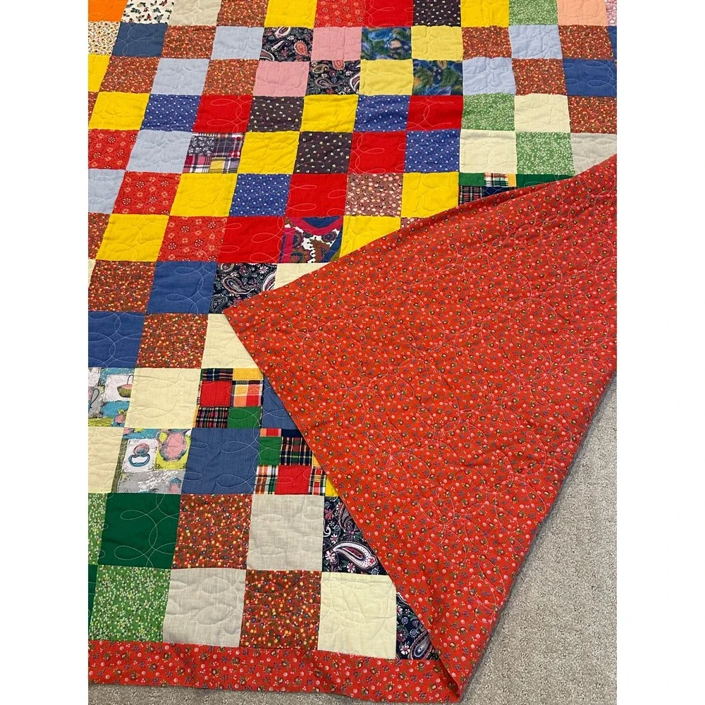 Handmade Patchwork Quilt Vintage Multi Color Scrap Block Red Floral Border 71x78